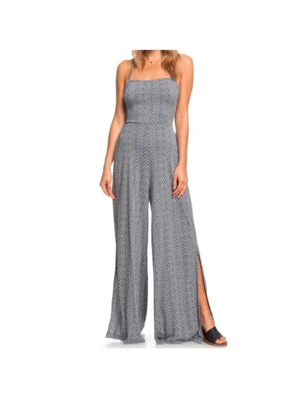 Roxy Bolo Surf Blue Geo Mosaic Jumpsuit Wide Leg Backless Spaghetti Strap M